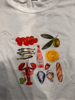 SHEIN White Crop Tee with Colorful Food & Seafood Print thumbnail 2