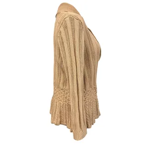 Chaps Petite Cable Knit Peplum Cardigan Boho 100% Cotton Shawl Collar Tan P/L thumbnail 4