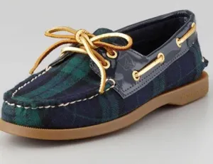 Sperry Green and Navy Plaid Leather-Trim Moccasins thumbnail 1