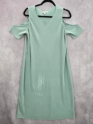 Belle Sky‎ Green Mint Pleated Cold Short Shoulder Knee Length Boho Dress Large thumbnail 1