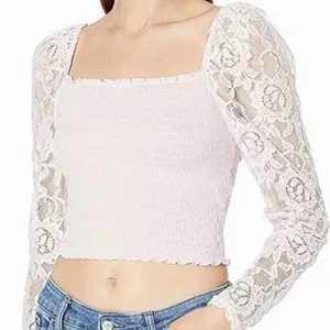 Guess Pink Nila Smocked Lace Long sleeve Crop Top thumbnail 1