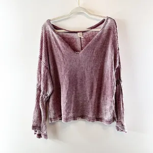 Free People Dahlia Long Bell Sleeve Thermal Waffle Knit Top Plum Maroon Small thumbnail 2