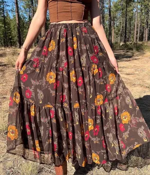 Vintage 90s/Y2K Autumn Brown Red Gold Floral Broomstick Gauzy Maxi Skirt Large thumbnail 1
