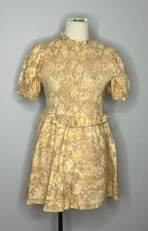 Miss Selfridge- Yellow and Tan Floral Romper with Puffy Sleeves thumbnail 1