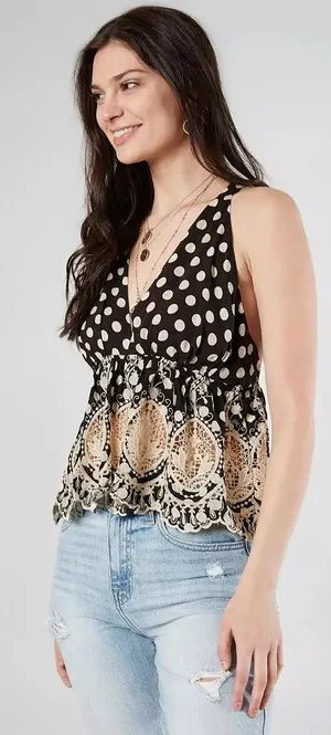 Free People Lunch Date Polka Dot Halter Top Crochet Lace Boho Black Medium NWT thumbnail 1