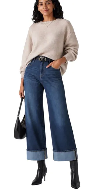 Halara Flex High Waisted Pockets Rolled Hem Wide Leg Washed Casual Jeans Size XS thumbnail 1