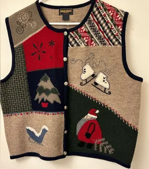 Woolrich Embroidered Skates Santa Christmas Holiday Sweater Vest Womens XL. thumbnail 1