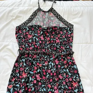 Kingston Gray Jumpsuit Womens Large Floral Black Tie‎ Halter Whimsy Hippie Boho thumbnail 10