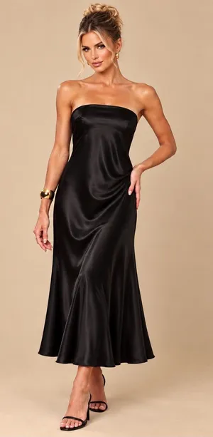 Renee C. Black Draped Satin Strapless Flowy Midi Dress Elegant Size Small Party thumbnail 1