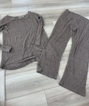 Soft Surroundings Ribbed Knit Lounge Set Tunic Top & Wide Leg Pants Taupe Brown thumbnail 1