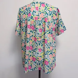 Jodifl Floral Babydoll Blouse M Teal Pink Orange Short Sleeve Boho Spring thumbnail 5