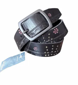 Lucky Brand NWTs Black Leather Floral Embossed Studded Belt size XL thumbnail 1