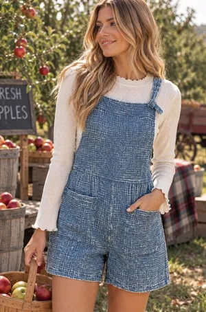 Boho Dusty Blue Gauze Shortalls Romper Acid Wash Cotton Cottagecore Small Zenana thumbnail 1