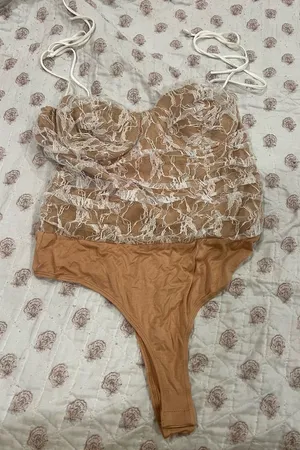 Blue Blush Lace Bodysuit in Tan and White thumbnail 1