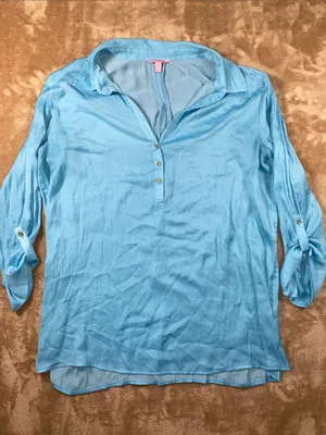 Lilly Pulitzer Light Blue Gold Buttons Roll-Tab Popover Tunic thumbnail 1