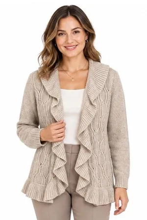 Carolyn Taylor Womens Large Beige Cable Knit Ruffle Shawl Collar Cardigan thumbnail 1