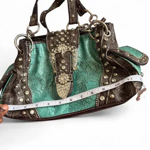 Y2K 2000s Western Mcbling Bimbo Goth Leather Rhinestone Large Buckle Hand Shoulder Bag Purse Preppy bedazzled silver stud blue turquoise brown #cowgirl #whimsygoth #grunge #punk #stagecoach festival Measurement in pics Some distressing see pics thumbnail 6