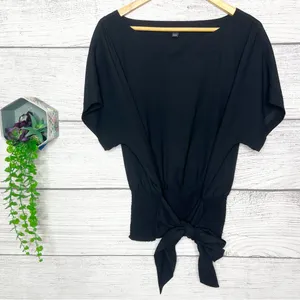 Ann Taylor Black Boatneck Dolman Sleeve Smocked Waist Tie Back Top Size Large thumbnail 4
