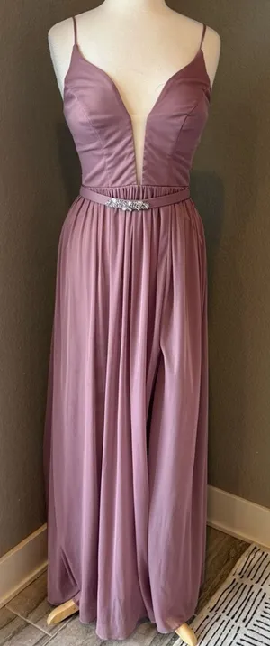 Azazie Leah Vintage Mauve Plunge Beaded Waist Maxi Dress Size 8 thumbnail 1