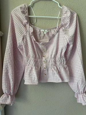 mine Pink Gingham Smocked Peplum Blouse thumbnail 5