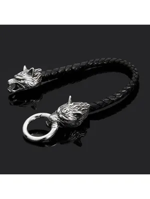 Viking Wolf Head Leather Bracelet 6 inches Black thumbnail 3