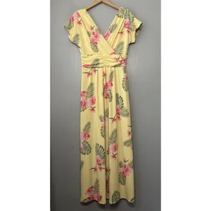 IMAN Maxi Dress Size Medium Petite Yellow Tropical Floral Summer Vacation Resort thumbnail 3