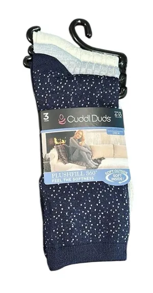 Cuddl Duds Plushfill Crew Socks 3-Pack NEW Navy Grey White Warm Cozy Size 4-10 thumbnail 1