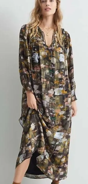 Anthropologie NWT Blair Maxi Dress Long Sleeve Smocked Gold‎ Metallic Detail S thumbnail 1