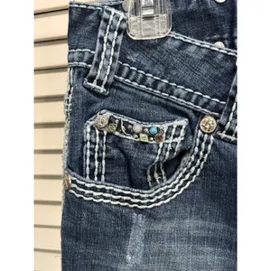 Rock & Roll Cowgirl‎ Bootcut Denim Jeans Pocket Beads Embroidered Gems Sz 29x32 thumbnail 3