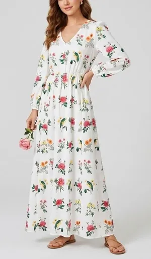 Gal Meets Glam Tabitha Floral Cotton Maxi Dress White Pink V-Neck Pockets Size 6 thumbnail 1