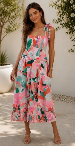 Jessie Zhao New York Marissa Watermelon Pink Imagination Midi Dress Size 6 thumbnail 1