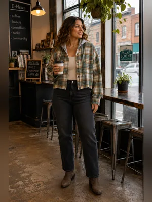 No Comment Plaid Hooded Cropped Flannel Shirt Green Gray Grunge Medium thumbnail 2