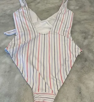 Red White Blue Striped Faux Wrap One Piece Swimsuit thumbnail 4