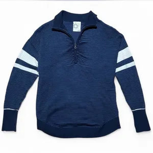 AERIE offline blue ribbed 1/4 zip pullover sweater‎ white sleeve stripes medium thumbnail 1