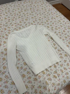 John Galt White V-Neck Sweater Cable Knit thumbnail 3