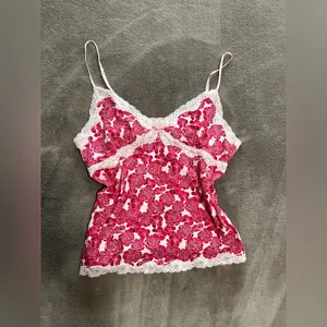 Vintage Fairy Core Red Floral Lace Trim Women’s Tank Top Sz M EUC thumbnail 4