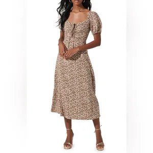 ASTR Lace Up Puff Sleeve Midi Dress in Brown Floral Size Small NWT thumbnail 2