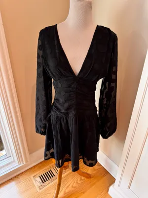 ASOS Black Sheer Dot Dress Vneck Mini 6 S Cocktail LBD thumbnail 2