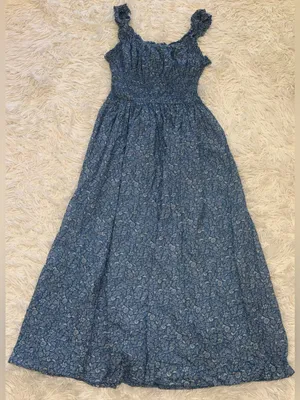 NEW DÔEN Ditsy Floral Organic Cotton Smocked Midi Blue Garden Bloom Dress sz XS thumbnail 10