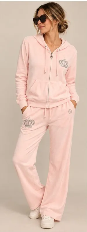 Christine Alexander Women Tracksuit L Pink Y2K Rhinestone Crown Hoodie Pants Set thumbnail 1