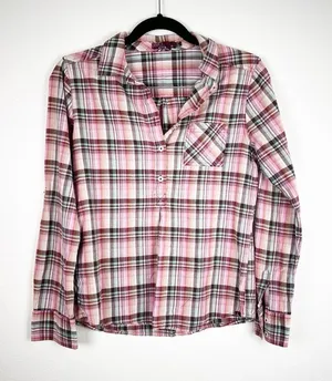 Prana Womens XS Plaid Henley‎ Pullover Long Sleeve Roll Tab Shirt Pink Brown thumbnail 1
