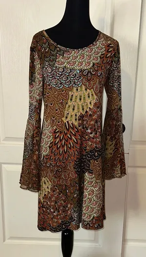 MSK PATCHWORK PEACOCK PIPED FEATHERED BELL SLEEVE DRESS Brown thumbnail 1