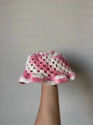 Handmade Crochet Pink & White Bucket Hat thumbnail 2