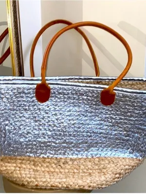 Metallic Silver & Natural Jute Tote with Tan Handles thumbnail 8