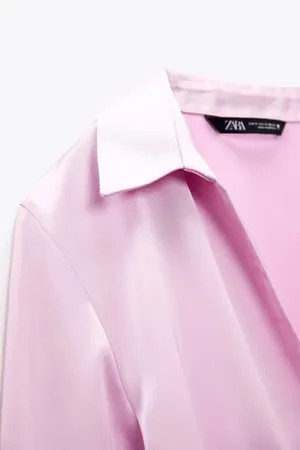 ZARA mini dress satin effect drapped long sleeve pink party wedding coctail thumbnail 7
