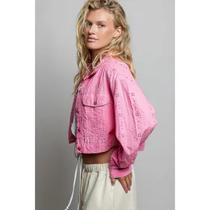 POL Eyelet Textured Cotton‎ Cropped Button-Front Jacket - Candy Pink - Large thumbnail 2