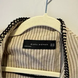 Zara Woman 100% Linen Striped Duster Coat Whipstitch Trim Beige XS Open‎ Front thumbnail 13