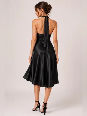 Forever 21 Elegant Black Halter Satin-Like Dress Balletcore Flare Size XS- Small thumbnail 2