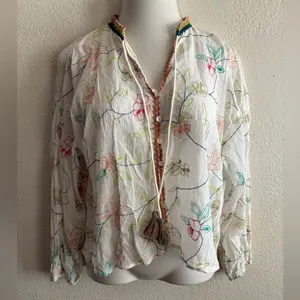 Zara Embroidered Tassel Tie Ivory Peasant Blouse L thumbnail 4