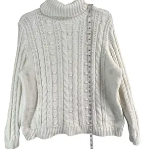 Lands End Sweater‎ Womens L Petite Cream Cable Knit Fisherman Turtleneck Cozy thumbnail 7